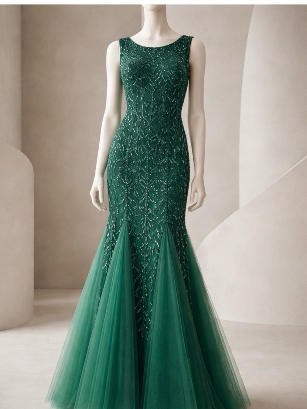 Emerald Green Beaded Mermaid Evening Dress